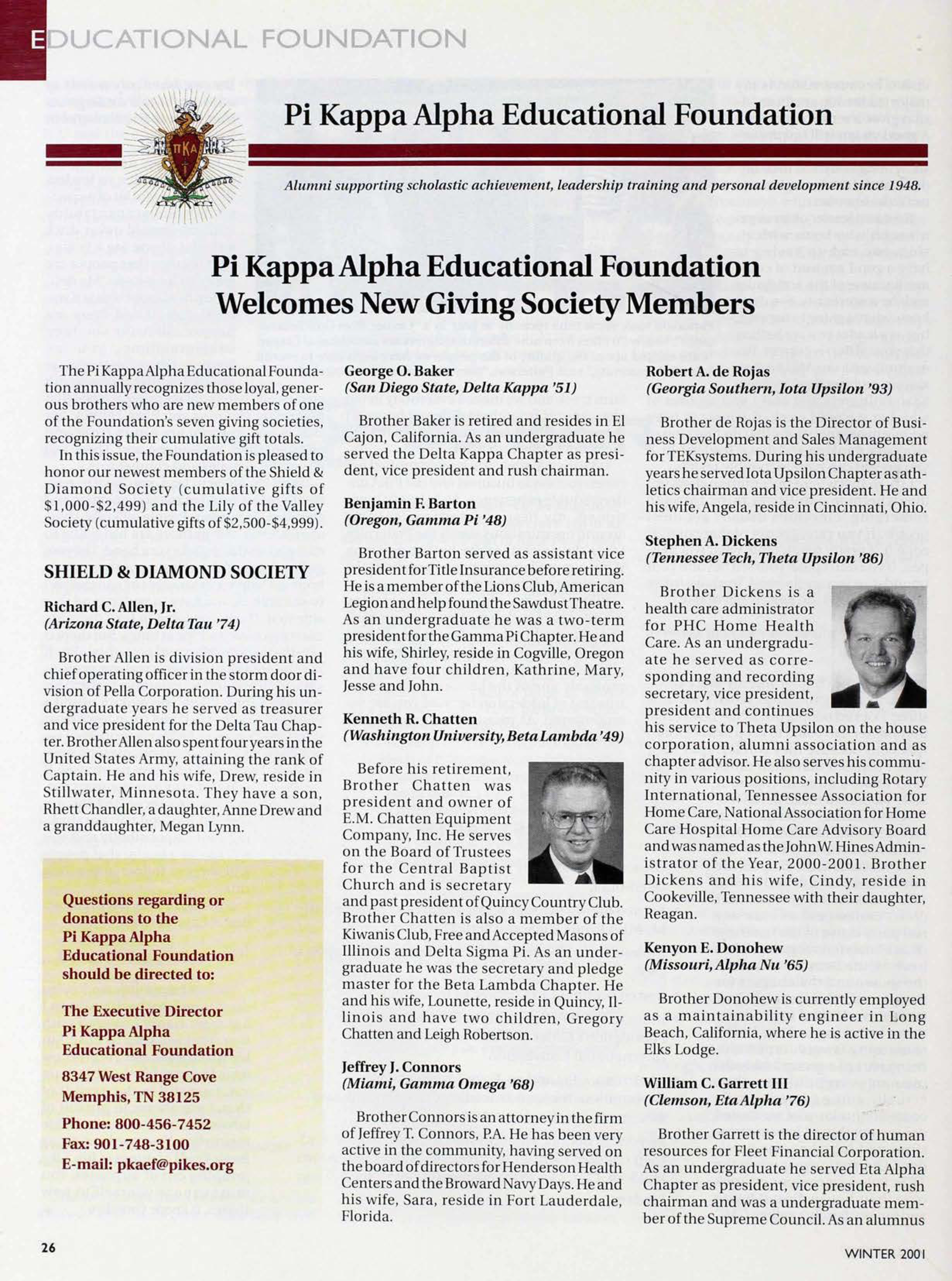 Educational Foundation: Pi Kappa Alpha Educational Foundation, Winter 2001